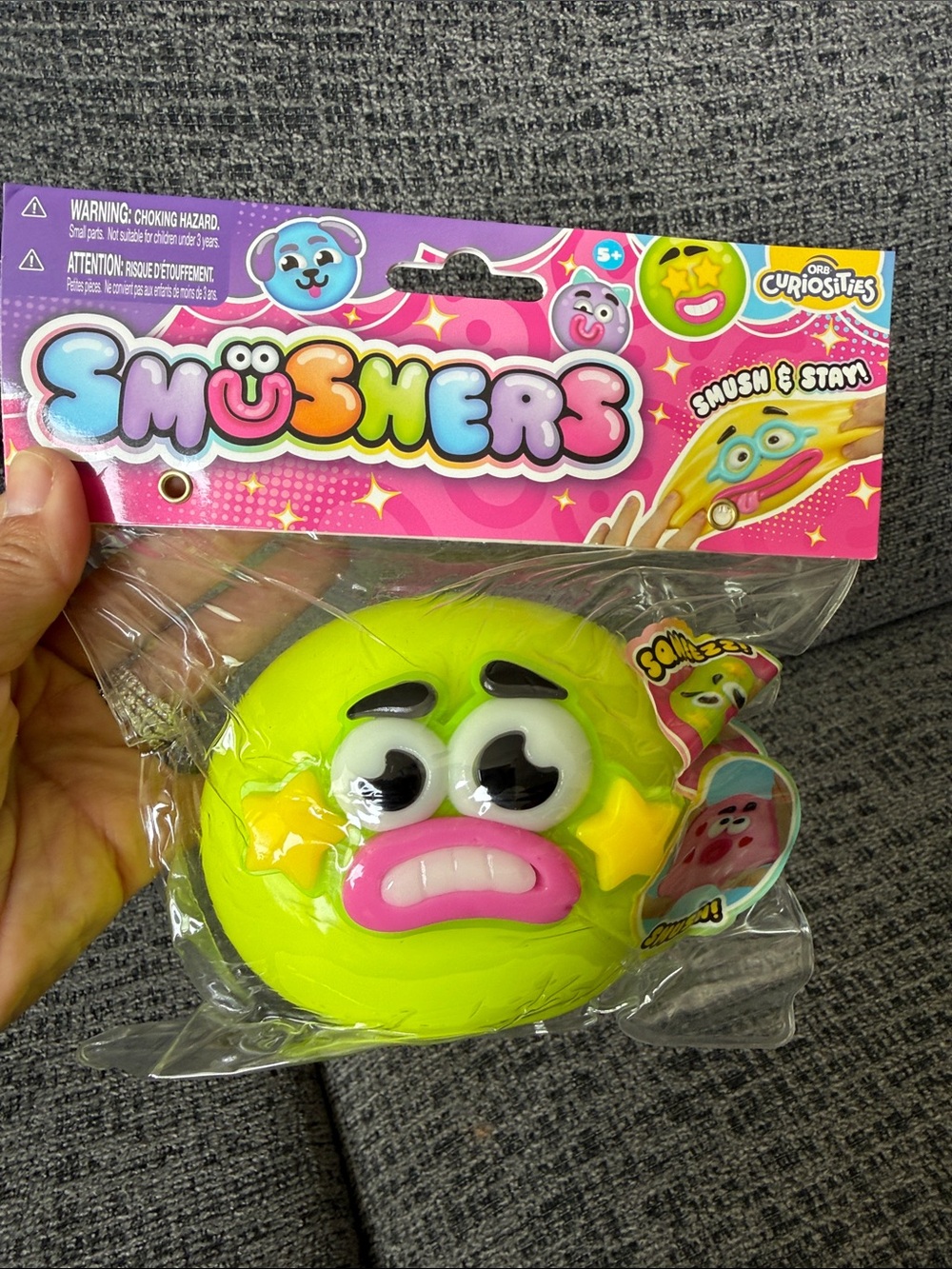 BNIB ORB Curiosities SMUSHERS Squishy, Lime Green Face w/Star Cheeks
